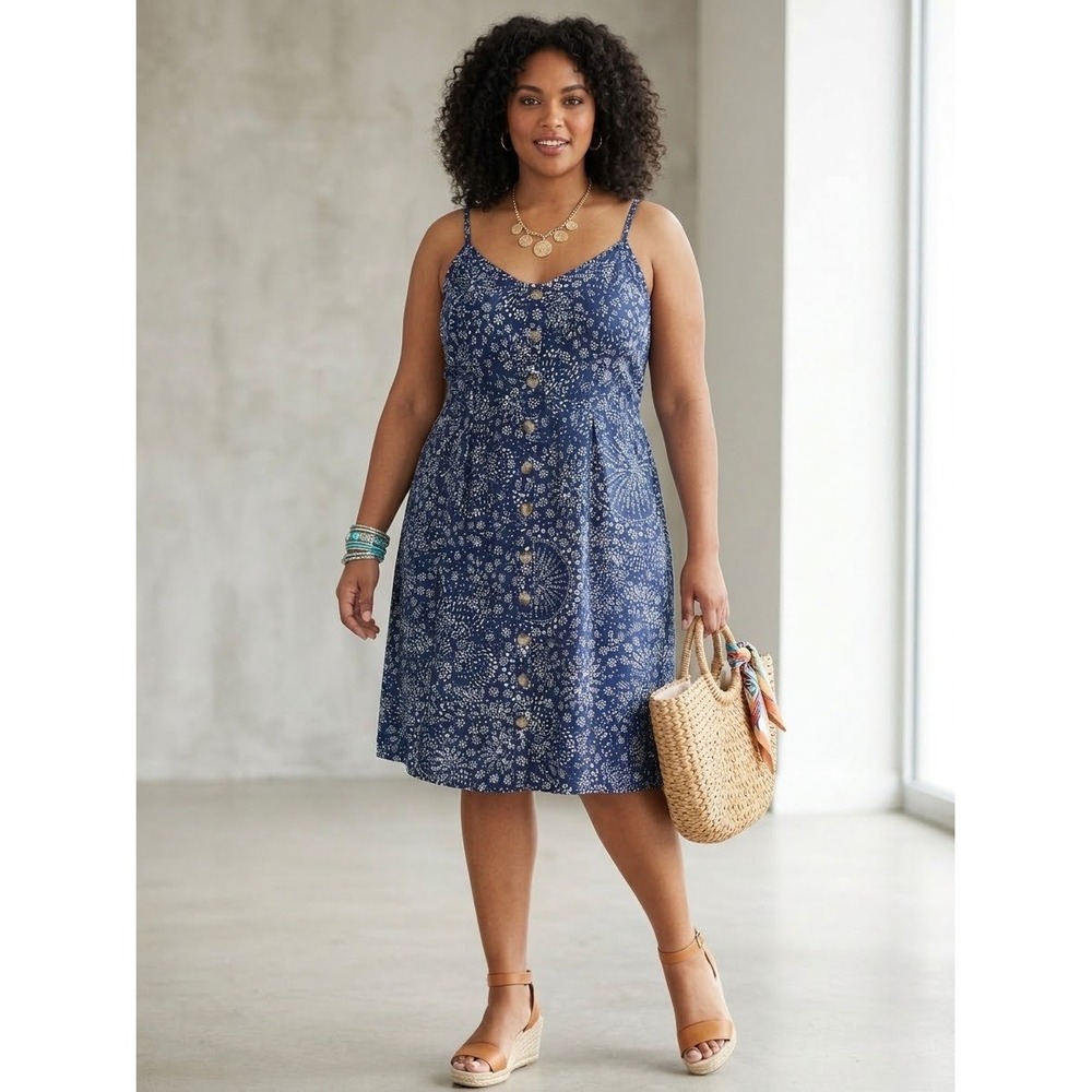 Torrid Navy Blue White Floral Medallion Button Down Lace Up Back Midi Dress 4 4X